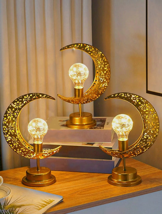 Metal Eid Moon Light Decorations Ramadan Ornament Mubarak Night Light Lamp for Muslim Party Festival